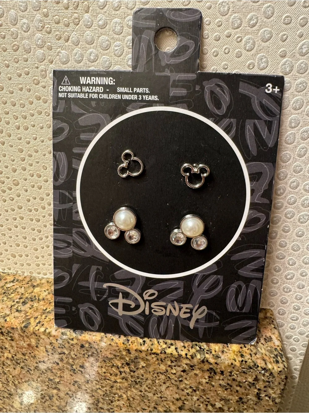 Disney Silver Tone Mickey Stud Earring‎ Set with Pearl & Clear Accents
